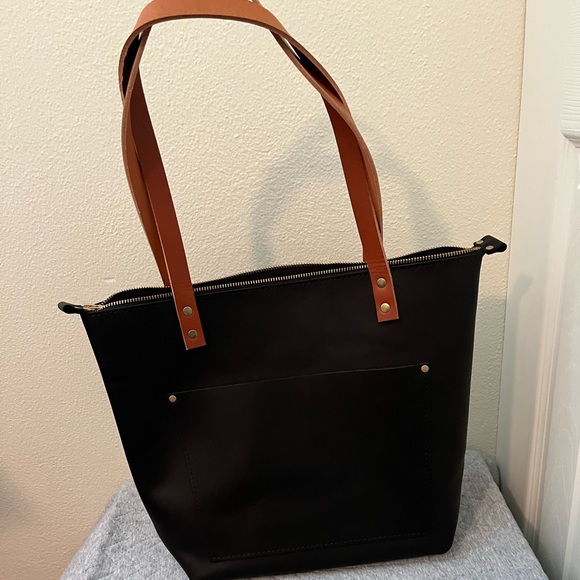 PLG Smooth Black Medium zip Tote with Tan Handles - Picture 2 of 5